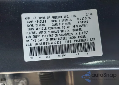 2017 Honda Accord Touring V6 z USA, uszkodzony, nr VIN 1HGCR3F93HA012533